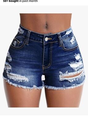 High-Rise Distressed Denim Shorts - Dark Blue